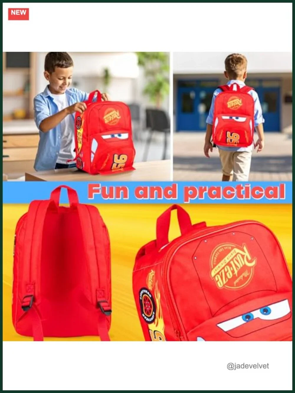 Lightning McQueen Kids Backpack with Padded Straps, Front Pocket